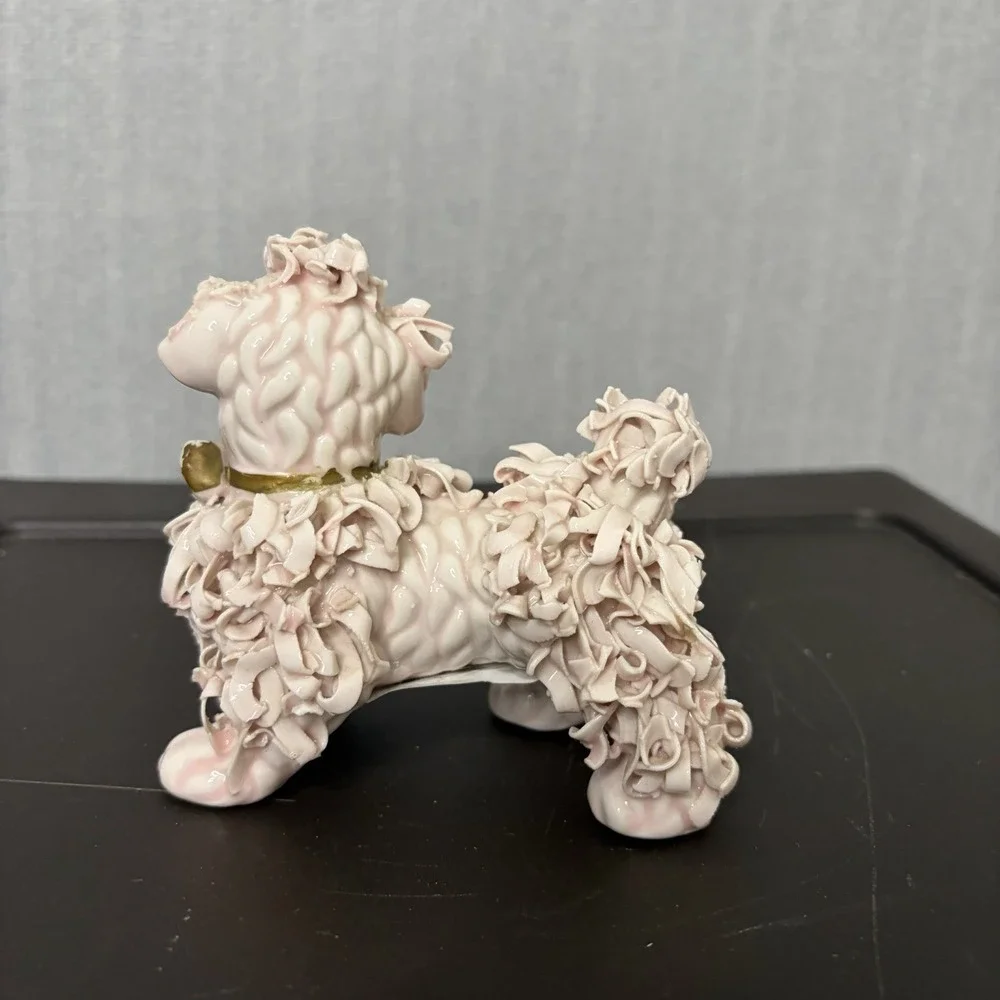 Vintage Spaghetti Pink Poodle Ceramic Figurine Gold Bow Mid Century MCM 60s
